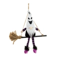 Plush Halloween gnome witch ornament hanging on a broom with a white sequined hat - White Hat Style