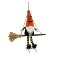 Halloween faceless gnome witch on broomstick with orange pumpkin hat and striped legs - Orange Hat Style