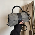 Grey denim and black leather patchwork crossbody bag with gold hardware and curved handle - Black without Pendant