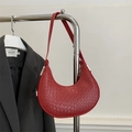 Red crocodile embossed leather crescent shoulder bag with silver hardware for women - Red