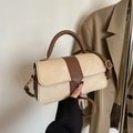 Retro patchwork handbag in beige canvas and brown leather with shoulder strap - Khaki (No Pendant)