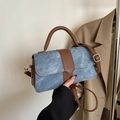 Women's blue denim and brown leather patchwork crossbody handbag with top handle - Blue Without Charm