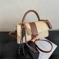Chic beige and brown patchwork tote bag with tennis racket charm and crossbody strap - Khaki With Pendant