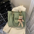 Light green large capacity leather tote bag with chain strap and bear charm accessory - With Pendant / Green