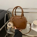 Brown leather crossbody Boston bag with lucky logo and plush charm on metal stand - Without Pendant / Brown