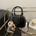 Retro black leather small square bag with glossy finish and cute plush charm - Without Pendant / Black