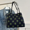 Borsa tote in lana blu scuro a pois verdi con manici in pelle intrecciata nera - Verde