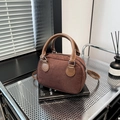 Dark brown corduroy Boston handbag with tan leather handles and compact design - Coffee without Pendant