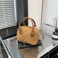 Vintage caramel corduroy mini Boston bag with brown faux leather trim and shoulder strap - Brown No Pendant