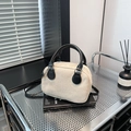 Beige Boston bag with black handles and embossed letters, autumn winter crossbody purse - White Without Pendant