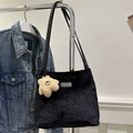 Black faux fur bucket tote bag with New York leather patch and cute bear keychain charm - With Pendant / Black