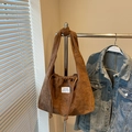 Caramel corduroy drawstring tote bag with branding detail on metal hanger - Khaki