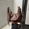 Dark coffee brown crescent shoulder bag in glossy leather with gold COIH 2DN logo - Coffee With Charms