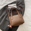 Brown lychee leather bucket bag with top handle and adjustable shoulder strap for women - Coffee without Pendant
