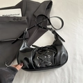 Glossy black PU hobo bag with corset lace-up ribbons and adjustable strap for women - Black