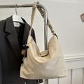 Chic beige canvas tote bag with unique pleated strap and cute sheep plush pendant accessory - Without Pendant / Khaki