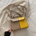 Elegant khaki and yellow patchwork crossbody Kelly bag with metal twist lock closure - Khaki