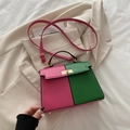 Pink and green color-block Kelly bag with golden twist lock and slim shoulder strap - Pink