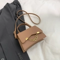 Camel trapezoid handbag with gold chain detail and shoulder strap on grey blazer - Khaki