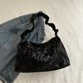 Black fluid-textured ruched shoulder bag with marble pattern in premium PU leather - Black