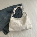 Chic pleated handbag in cream marble pattern with a ruched shoulder strap design - White