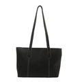 Classic black leather tote bag with white contrast stitching and gold hardware accents - Black