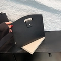 Minimalist black lychee pattern leather tote bag with handle and metal snap button - Black