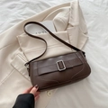 Minimalist dark brown leather baguette bag featuring a stylish silver square buckle - Brown