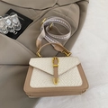 Elegant beige two-tone shoulder bag with woven texture and gold buckle detail - White