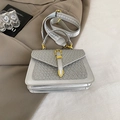 Silver square crossbody bag with textured flap, gold hardware and patterned wide strap - Silver