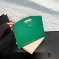 Chic lime green briefcase in pebble grain leather with cutout handles and snap closure - Green