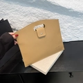 Minimalist khaki leather briefcase with lychee texture and oval cutout handle - Khaki