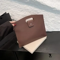 Dark brown leather laptop briefcase with cutout handle and secure snap closure - Brown