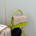 Neon green leather crossbody bag with beige woven flap and gold hardware accents - Green