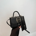 Black litchi grain square handbag with gold buckle and mini charm for women - Black