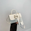 White lychee leather handbag with golden metal buckle and matching chain coin purse - White