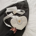 Chic white heart-shaped crossbody bag with gold heart lock and wide nylon strap - White