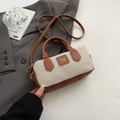 Mini borsa Boston in tessuto crema e pelle marrone con manici e tracolla sottile - Marrone