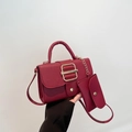 Deep red lychee grain crossbody bag set with gold square buckle and matching coin purse - Red