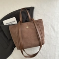 Brown corduroy tote bag with gold sunflower buckle and leather shoulder straps - Brown