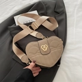 Khaki heart-shaped crossbody bag with quilted texture and gold hardware lock - Khaki