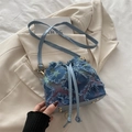 Retro denim bucket bag with colorful frayed stars and slim leather shoulder straps - Star - Rainbow