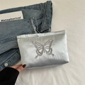 Elegant silver butterfly embroidered satin clutch bag for women with silky metallic finish - Silver