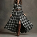 Robe longue chemise élégante à carreaux noir et blanc avec ceinture vintage - 3XL / Noir