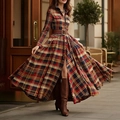 Robe chemise élégante à carreaux et manches longues avec ceinture en cuir marron - 3XL / Rouge