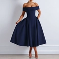 Elegante abito midi francese blu navy con spalle scoperte e linea ad A con vita stretta - S / Blu scuro
