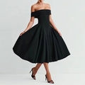 Elegant black off-the-shoulder midi dress with a slim waist and flare skirt for women - S / Black