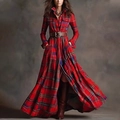 Robe longue chemisier à carreaux rouges avec ceinture et manches longues, look élégant - 3XL / Rouge de Noël