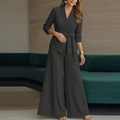 Ensemble blazer ceinturé gris foncé et pantalon large professionnel pour femmes élégantes - S / Noir