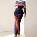 Robe longue moulante à manches longues avec imprimé dégradé coucher de soleil et plis - S / Bleu